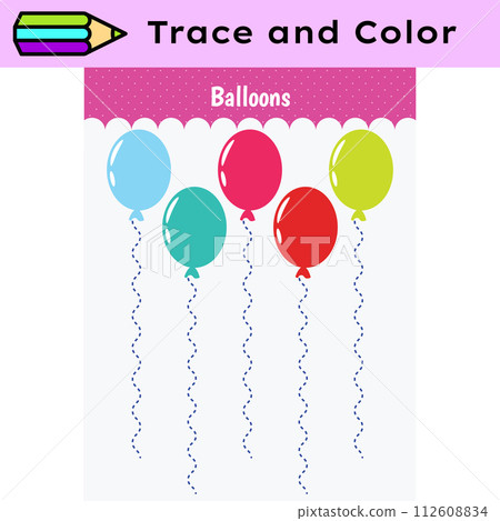 Pen tracing lines activity worksheet for children. Pencil control for kids practicing motoric skills. Balloons educational printable worksheet. Vector illustration. Pen tracing lines activity worksheet for children. Pencil control for kids practicing motoric skills. Balloons educational printable worksheet. Vector illustration. 112608834