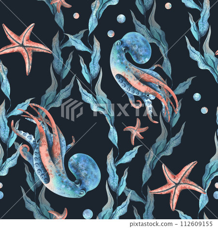 Underwater world clipart with sea animals octopus, starfish, bubbles and algae. Hand drawn watercolor illustration. Seamless pattern on a dark background. Underwater world clipart with sea animals octopus, starfish, bubbles and algae. Hand drawn watercolor illustration. Seamless pattern on a dark background. 112609155