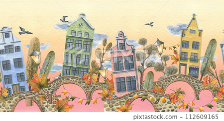 Ancient European houses are colorful, with autumn trees and leaves, stone bridges and lanterns. Hand drawn watercolor illustration. Seamless border ion a sky background 112609165