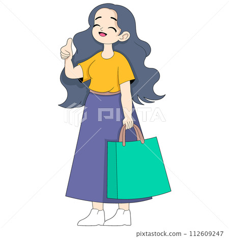 cartoon doodle illustration of women's activities, happy girl on payday is shopping 112609247