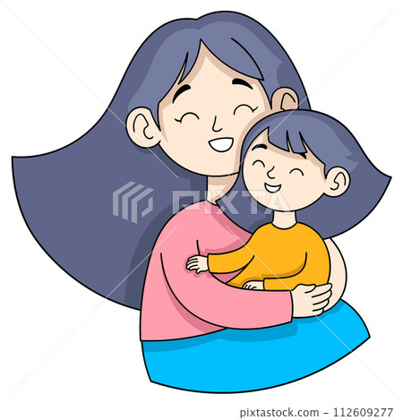 mother's day cartoon doodle illustration, mother and daughter hugging happily mother's day cartoon doodle illustration, mother and daughter hugging happily 112609277