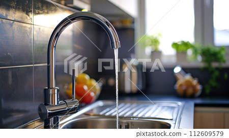Modern kitchen faucet with a stream of water flowing into a stainless steel sink. 112609579