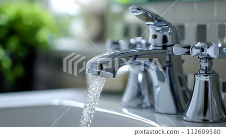 Bathroom interior with sink and faucet. 112609580