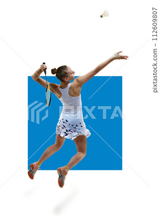 Poster. Motivated athlete in motion, young girl, badminton player hitting shuttlecock in jump isolated over white background with blue element Poster. Motivated athlete in motion, young girl, badminton player hitting shuttlecock in jump isolated over white background with blue element 112609807