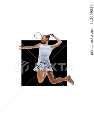 Poster. Concentrated and competitive young girl, badminton player with racket in a jump isolated over white background with black element 112609826