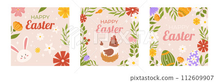 Easter collection of square social media post template. Design with floral frames, painted eggs, bunny and chicken on nest. Hand drawn flat vector illustration. Easter collection of square social media post template. Design with floral frames, painted eggs, bunny and chicken on nest. Hand drawn flat vector illustration. 112609907