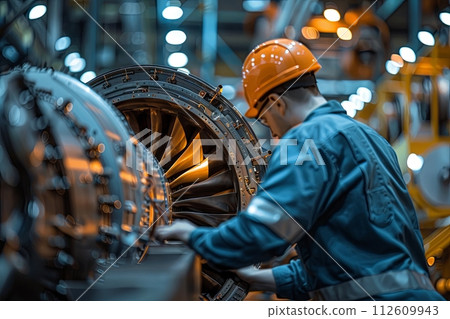 view from the back of aircraft maintenance technician working on turbine view from the back of aircraft maintenance technician working on turbine 112609943