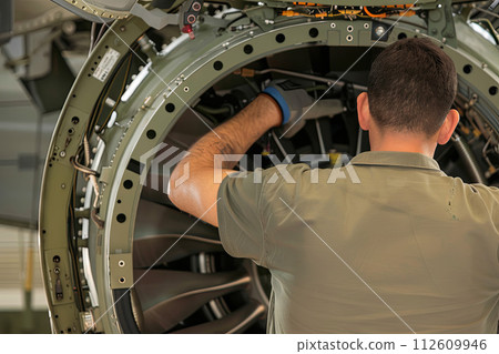 view from the back of aircraft maintenance technician working on turbine view from the back of aircraft maintenance technician working on turbine 112609946