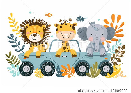 Baby safari animals in jeep illustration 112609951