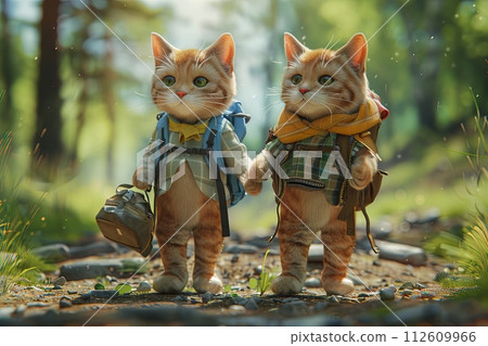 Two cute anthropomorphic cats hiking on their feet like humans, stand upright on the ground, hand in hand, wearing human outdoor clothes 112609966