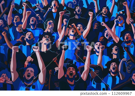 Inter soccer football club, Winning italian soccer championship of Serie A scudetto celebrating team, fans crowd of supporters with black and blue stripes colors 112609967