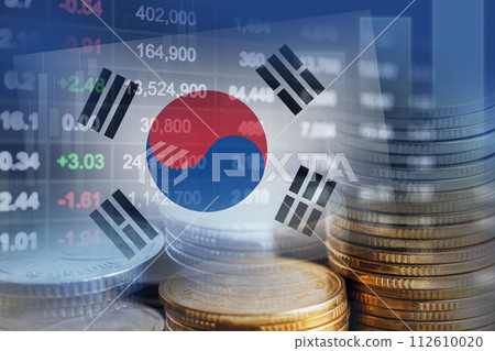 South Korea flag with stock market finance, economy trend graph digital technology. South Korea flag with stock market finance, economy trend graph digital technology. 112610020
