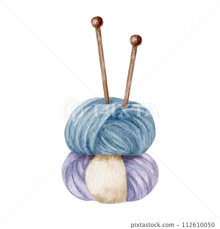 Balls of yarn and single pointed needles, hand draw, watercolor illustrationvv Balls of yarn and single pointed needles, hand draw, watercolor illustrationvv 112610050