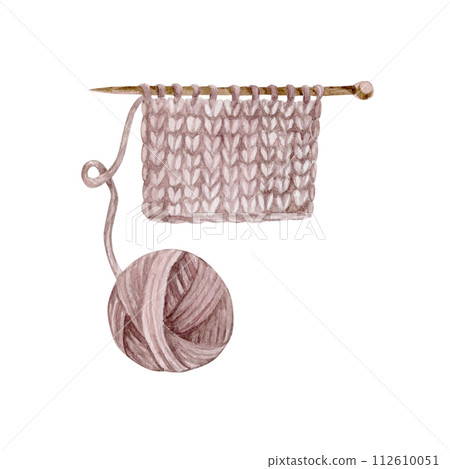 knitting ball of yarn, single pointed needle, knitting fabric, watercolor illustration, hand draw knitting ball of yarn, single pointed needle, knitting fabric, watercolor illustration, hand draw 112610051