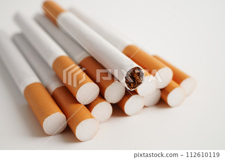 Cigarette, roll tobacco in paper with filter tube, No smoking concept. Cigarette, roll tobacco in paper with filter tube, No smoking concept. 112610119