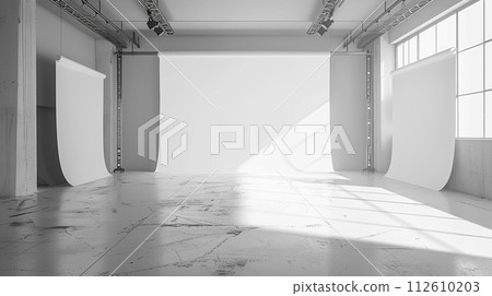 Blank white studio. White background studio. Generative AI. 112610203