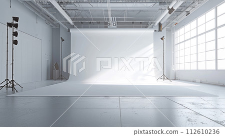 Blank white studio. White background studio. Generative AI. 112610236