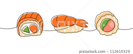 Set of sushi rolls. Japanese cuisine, traditional food one line drawing. Philadelphia roll, shrimp nigiri, ebi sushi, futomaki one line illustration. 112610329