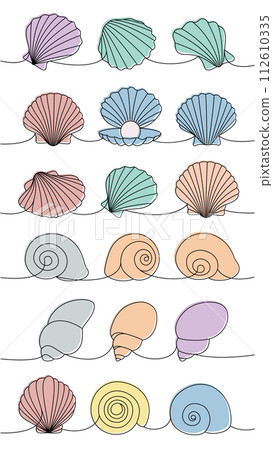 Mollusks set. Sea shells, mollusks, scallop, pearls. Tropical underwater shells continuous one line illustration. Vector minimalist illustration. 112610335