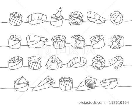 Seafood sushi rolls. Japanese traditional food one line drawing. Ikura sushi, tobiko maki, philadelphia roll, onigiri, shrimp nigiri, tekkamaki tuna Seafood sushi rolls. Japanese traditional food one line drawing. Ikura sushi, tobiko maki, philadelphia roll, onigiri, shrimp nigiri, tekkamaki tuna 112610364