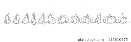 Pumpkins set. Pumpkins one line continuous drawing. Autumn halloween vegetables continuous one line illustration. Vector minimalist illustration. Pumpkins set. Pumpkins one line continuous drawing. Autumn halloween vegetables continuous one line illustration. Vector minimalist illustration. 112610375