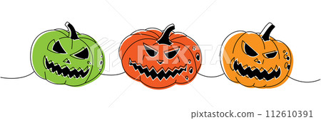 Pumpkins with scary faces. Autumn pumpkins faces one line colored continuous drawing. Autumn halloween vegetables continuous one line illustration. 112610391