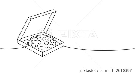 Pizza with ingredients in a box one line continuous drawing. Traditional italian fast food continuous one line illustration. 112610397