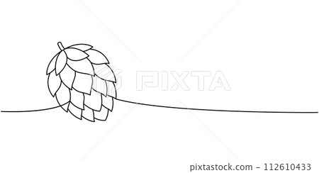 Hop cone one line continuous drawing. Beer pub products continuous one line illustration. Vector linear illustration. Hop cone one line continuous drawing. Beer pub products continuous one line illustration. Vector linear illustration. 112610433