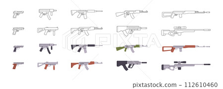 Military weapons silhouettes. Tactical assault rifles, smoothbore guns, AK 47, sniper rifles, anti-tank grenade launchers. Vector illustration. Military weapons silhouettes. Tactical assault rifles, smoothbore guns, AK 47, sniper rifles, anti-tank grenade launchers. Vector illustration. 112610460