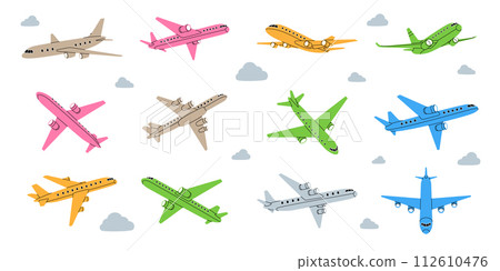 Aircraft set. Air transport. Air flight symbol. Passenger airplanes. Vector illustration. Aircraft set. Air transport. Air flight symbol. Passenger airplanes. Vector illustration. 112610476