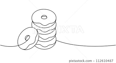 Delicious doughnuts one line continuous drawing. Bakery sweet pastry food. Vector linear illustration. 112610487