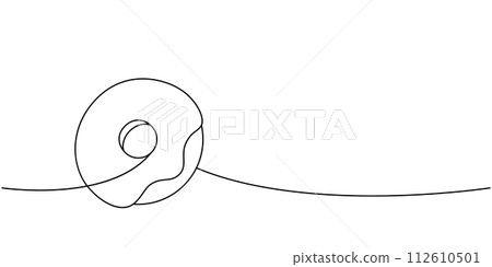 Donut with icing one line continuous drawing. Bakery sweet pastry food. Vector linear illustration. Donut with icing one line continuous drawing. Bakery sweet pastry food. Vector linear illustration. 112610501