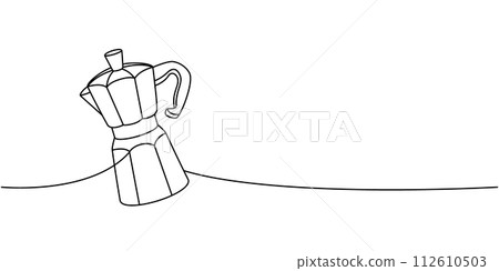 Italian coffee maker one line continuous drawing. Hand drawn elements for cafe menu, coffee shop. Vector linear illustration. Italian coffee maker one line continuous drawing. Hand drawn elements for cafe menu, coffee shop. Vector linear illustration. 112610503