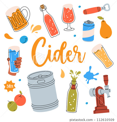 Fruit cider set. Cans, glasses, mugs, metal keg, bottle opener, tap, fruits. Hand drawn craft fruit beer collection. Cider process production. 112610509