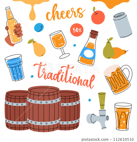 Fruit cider set. Wooden barrels, cans, glasses, mugs, tap, fruits. Hand drawn craft fruit beer collection. Cider process production. 112610510