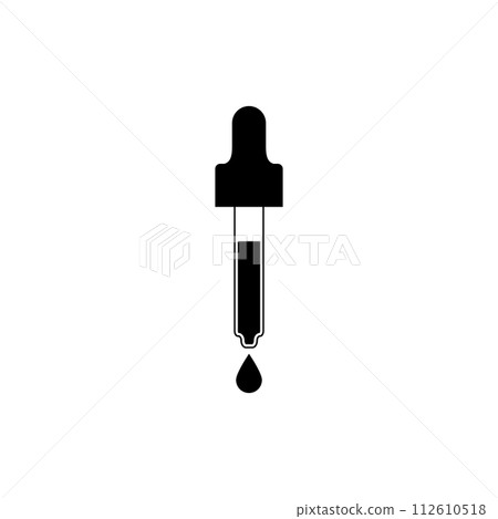 Pipette dropper icon with a drop. Vector illustration and silhouette on white background. Pipette dropper icon with a drop. Vector illustration and silhouette on white background. 112610518