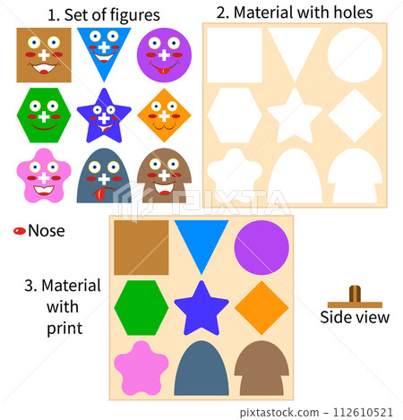 Wooden toys puzzles. Drawings of simple geometric figures. 112610521