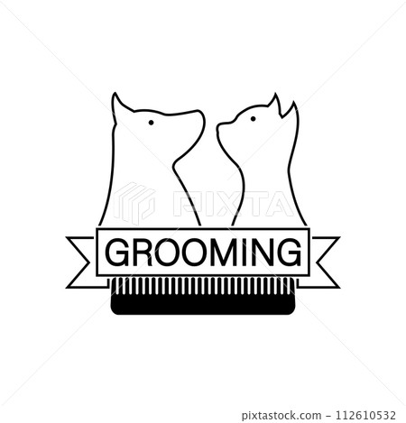 Grooming logo design template. Dog, cat and comb with ribbon.  Vector clipart and drawing. Isolated illustration on white background. 112610532