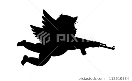 Little angel cupid with gun ak47. Cherub silhouette. Valentine's day. Love symbol. Vector illustration. Little angel cupid with gun ak47. Cherub silhouette. Valentine's day. Love symbol. Vector illustration. 112610584