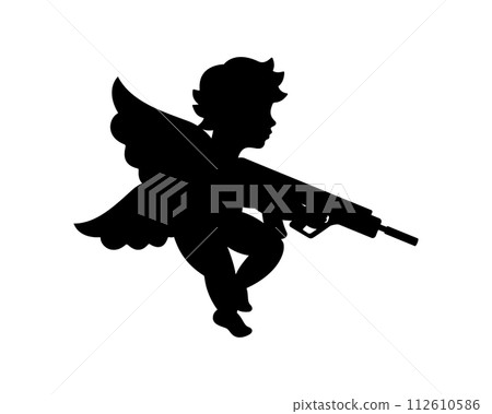 Cupid with machine gun. Cherub silhouette. Valentine's day. Love symbol. Vector illustration. Cupid with machine gun. Cherub silhouette. Valentine's day. Love symbol. Vector illustration. 112610586