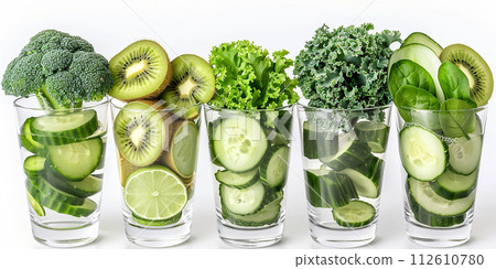 Vitamins, fruit and vegetable smoothies, glasses with chopped fruits and vegetables. Healthy eating concept 112610780