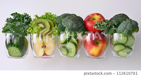 Vitamins, fruit and vegetable smoothies, glasses with chopped fruits and vegetables. Healthy eating concept Vitamins, fruit and vegetable smoothies, glasses with chopped fruits and vegetables. Healthy eating concept 112610781