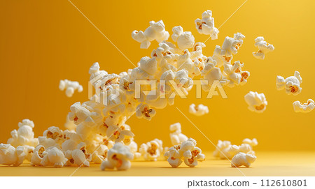 Close up of popcorn flying on yellow background 112610801