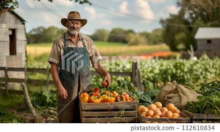 Portrait of smiling male farmer in straw hat harvesting crops at farm 112610834
