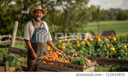 Portrait of smiling male farmer in straw hat harvesting crops at farm 112610835