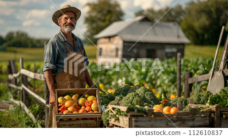 Portrait of smiling male farmer in straw hat harvesting crops at farm 112610837