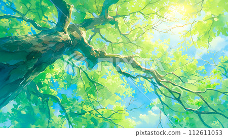 Watercolor illustration background of a tree trunk with thick leaves viewed from below 112611053