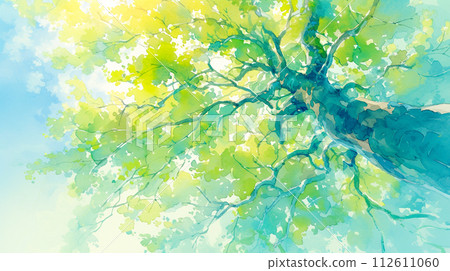 Watercolor illustration background of a tree trunk with thick leaves viewed from below 112611060