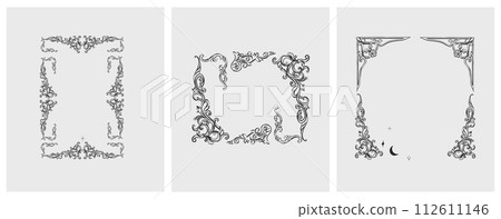 Hand drawn vector abstract outline,graphic,line vintage baroque ornament floral frame in calligraphic elegant modern style.Baroque floral vintage outline design concept.Vector antique frame isolated. 112611146