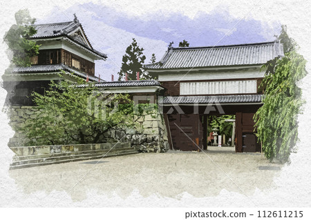 Watercolor style Ueda Castle East Toruguchi Yagura Gate Ueda City, Nagano Prefecture 112611215